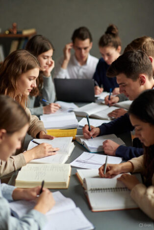 A group of focused young adults of various ethnicities studying hard at a table covered with open books, notebooks, pens, and laptops, displaying expressions of deep concentration.