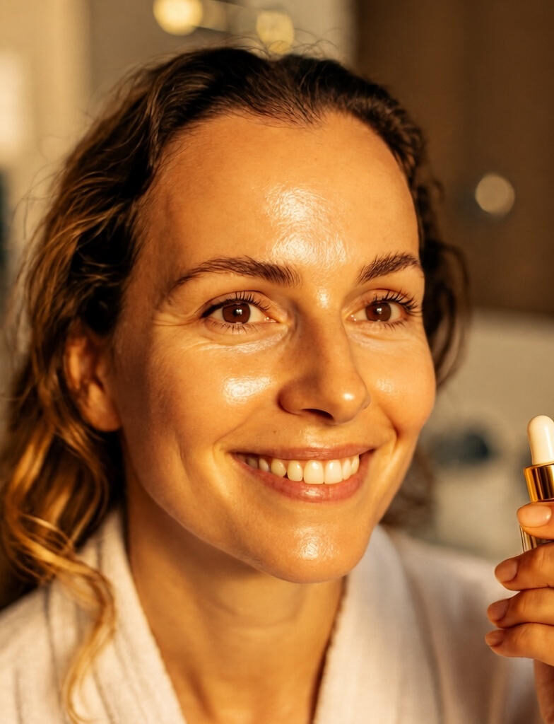 A smiling woman in her 30s with glowing, dewy skin applying facial serum from a dropper during golden hour morning light, promoting a skin-glow routine.