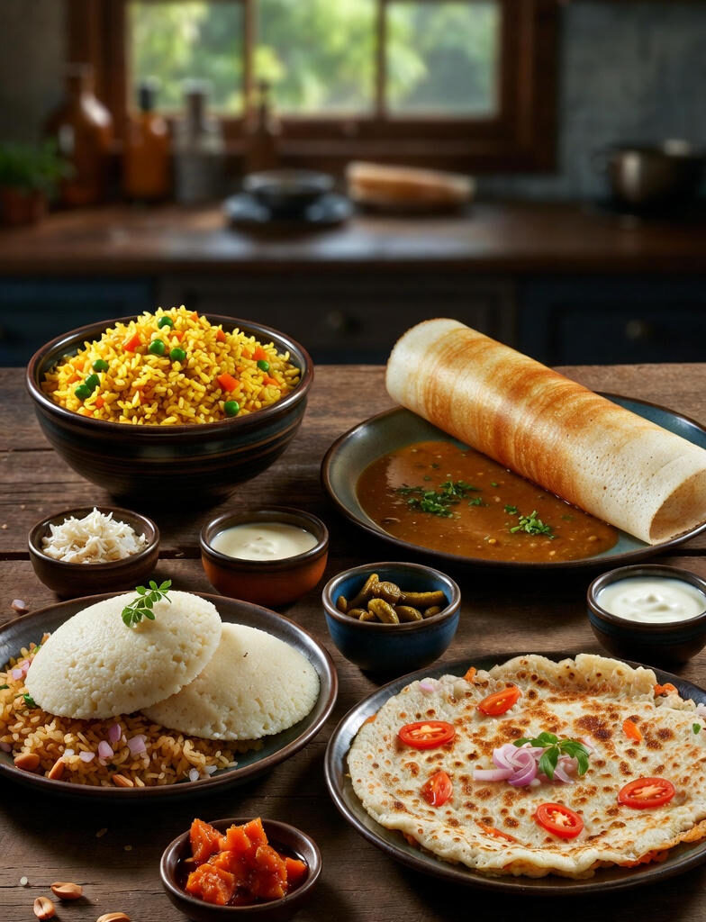 A variety of traditional Indian breakfast dishes including vegetable poha, masala dosa with sambar, idli with chutney, and vegetable uttapam arranged on a wooden table for a diabetic-friendly meal.
