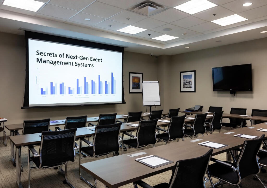 Event Management: A professional conference room set up in U-shape with tables, chairs, notepads, and a large projector screen displaying the title "Secrets of Next-Gen Event Management Systems" along with a bar chart.