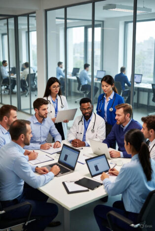 A mixed group of doctors in white coats and business-attired administrators seated around a conference table with laptops, charts, and notes, engaged in a discussion in a glass-walled modern office.