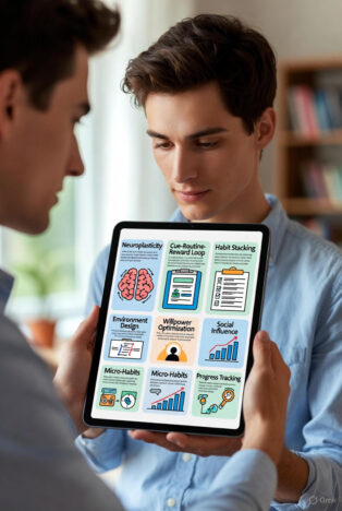 A young male student holding a tablet displaying a colorful infographic grid titled with "7 Neuroscience-Powered Habit Systems," featuring icons like a brain for neuroplasticity, checklists, charts, and progress graphs, while another person looks on.