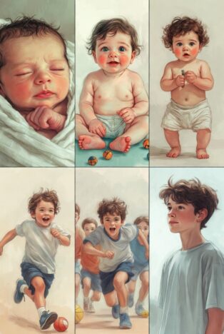 Collage showing stages of postnatal human development: newborn sleeping, sitting baby playing with toys, standing toddler holding object, running joyful toddler, group of playing children, and profile of older child.