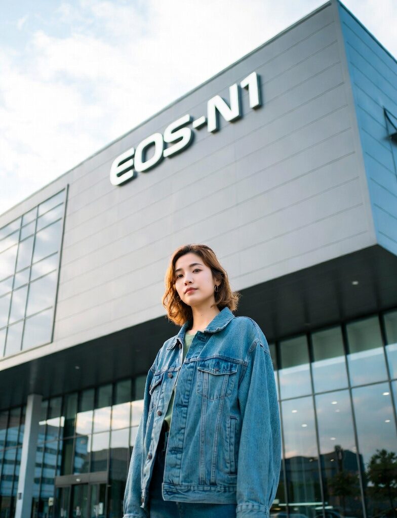  A young woman with shoulder-length brown hair, wearing a light green top and oversized blue denim jacket, stands confidently in front of a modern building with the large illuminated sign "EOS-N1" on its facade.