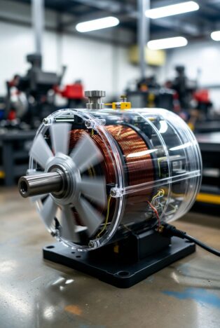 Open-frame industrial electric motor showing copper windings, cooling fins, and internal components on workbench