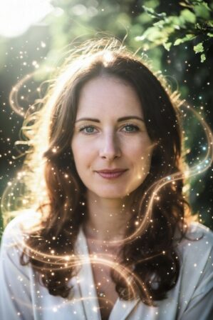 Woman with vibrant glowing golden energy swirls around face and body – hormonal harmony concept