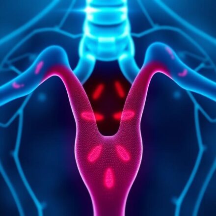 A medical awareness graphic featuring a teal and white ribbon, an anatomical illustration of the pelvis, and a magnifying glass highlighting abnormal cells. Text reads "Cervical Cancer: Awareness & Action."