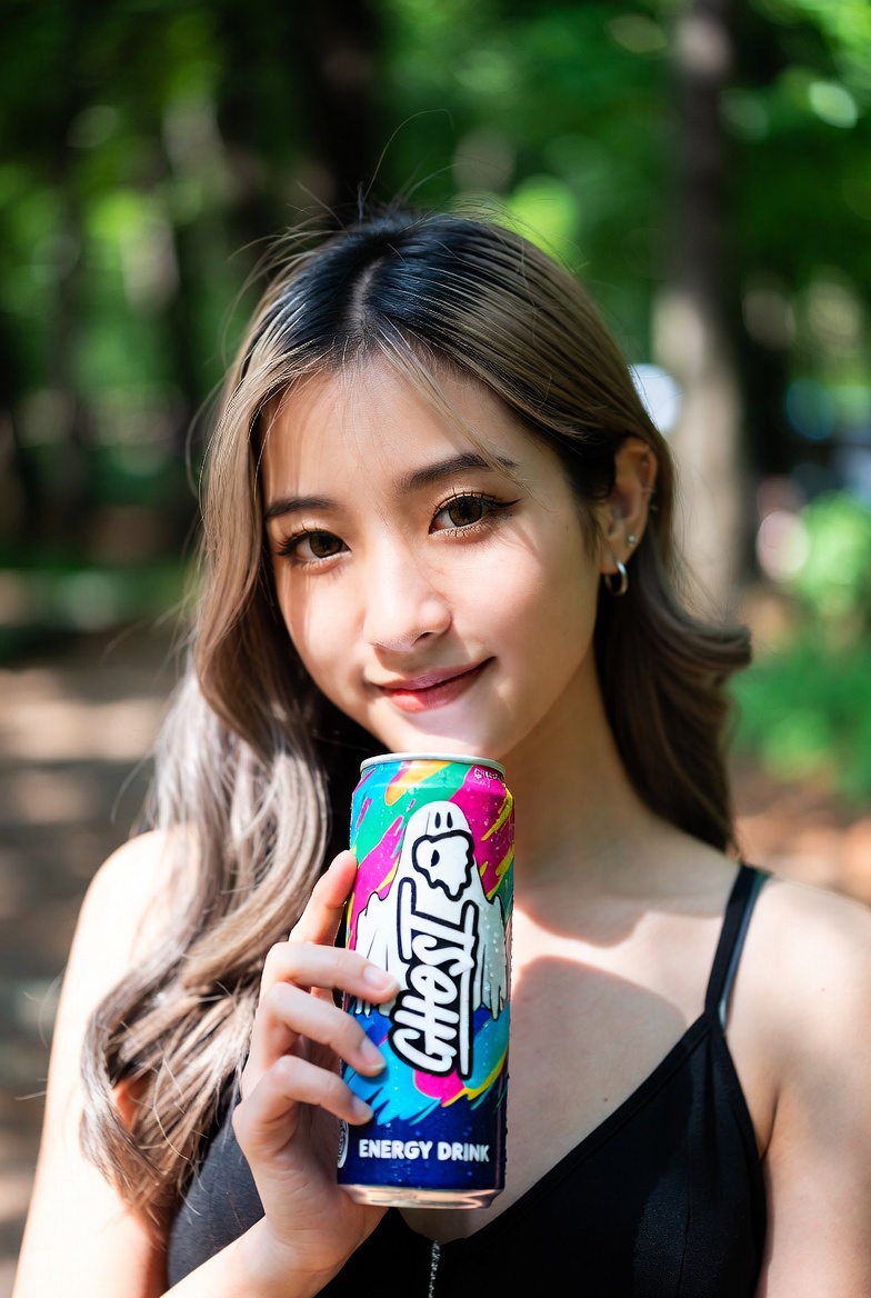 Young woman with long wavy hair smiling in a lush green park, holding a vibrant Ghost Energy drink can with neon pink, blue, and green splash design featuring the iconic white ghost logo
