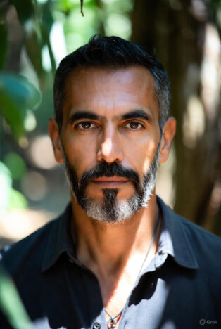 Serene close-up portrait of a bearded mature man with gray hair, looking thoughtfully at the camera against a soft blurred forest backdrop with warm sunlight.