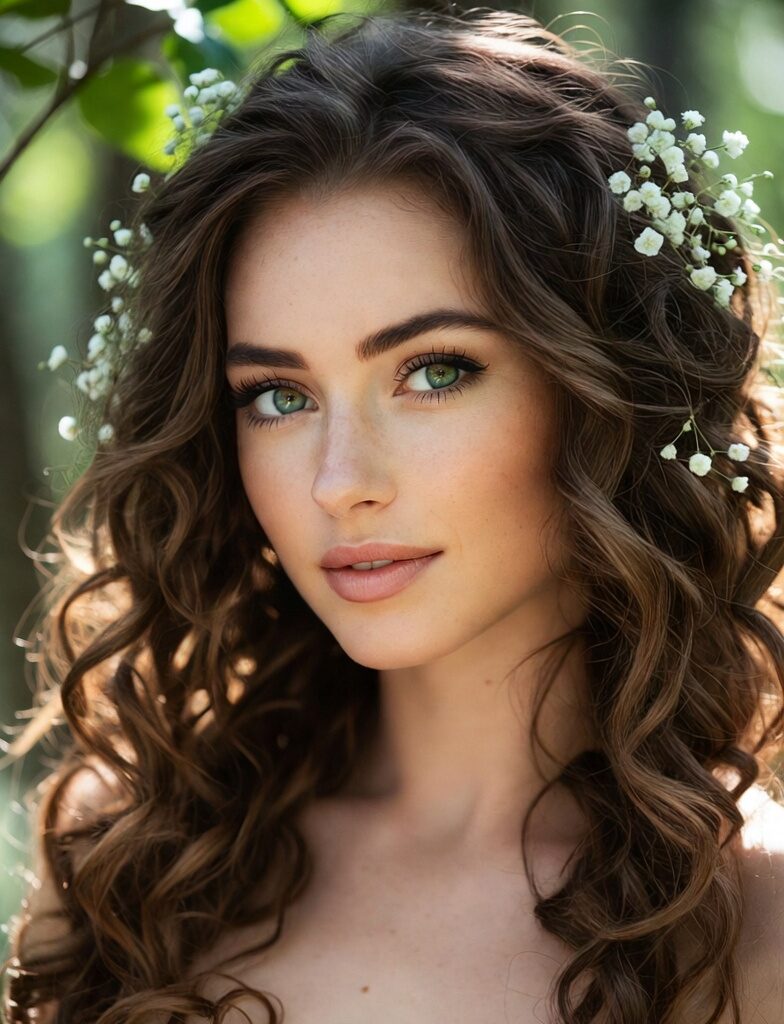 Fertility: Young woman with long wavy brown hair and freckles standing under a tree, off-shoulder top, natural outdoor portrait symbolizing feminine vitality