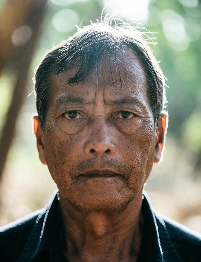Elderly Indian man with deep wrinkles and tired eyes, showing signs of fatigue possibly related to heart disease, outdoor natural light portrait