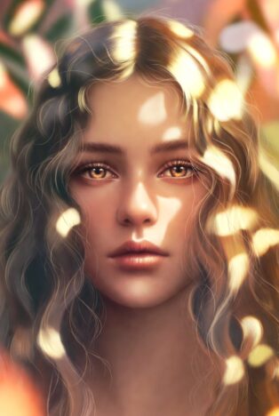 Ethereal digital portrait of a young woman with golden-brown eyes, long wavy hair, soft glowing skin and delicate floral elements in warm golden light, evoking sensuality and inner fire