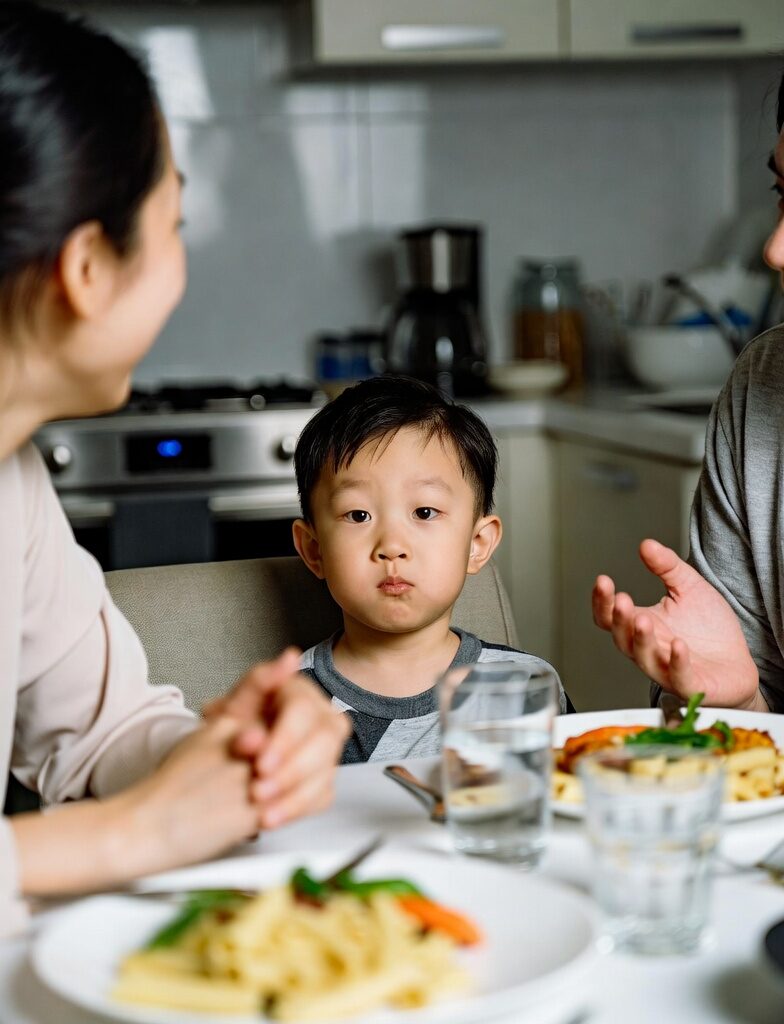 A young East Asian boy, about 5–6 years old, sitting at a modern kitchen dining table with a plate of pasta in front of him. He is looking directly forward with a stubborn, pouty expression while his parents (a woman on the left and a man on the right) are speaking to him seriously. The scene illustrates a child not listening to his parents during family dinner.