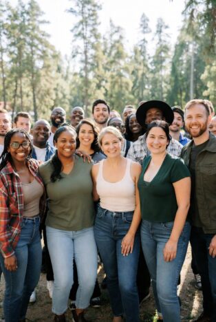 A large diverse group of smiling men and women from different backgrounds standing arm-in-arm in a sunny forest clearing, embodying American camaraderie and outdoor freedom.
