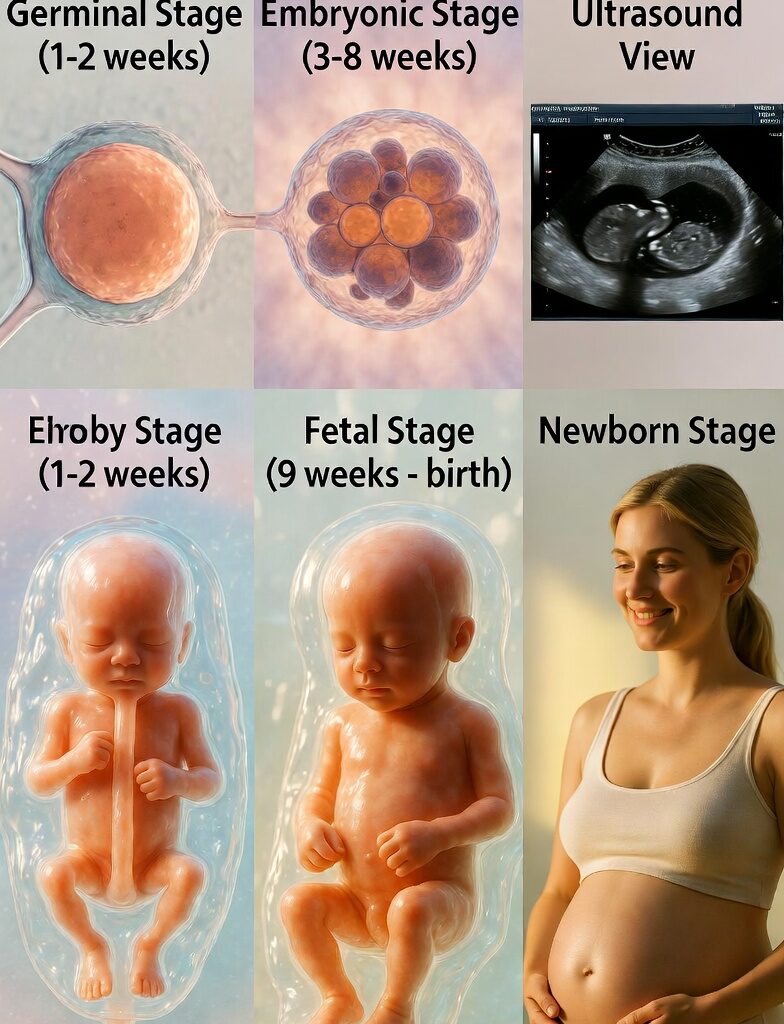 Postnatal: Joyful new mother smiling warmly while holding and looking at her new baby in her belly