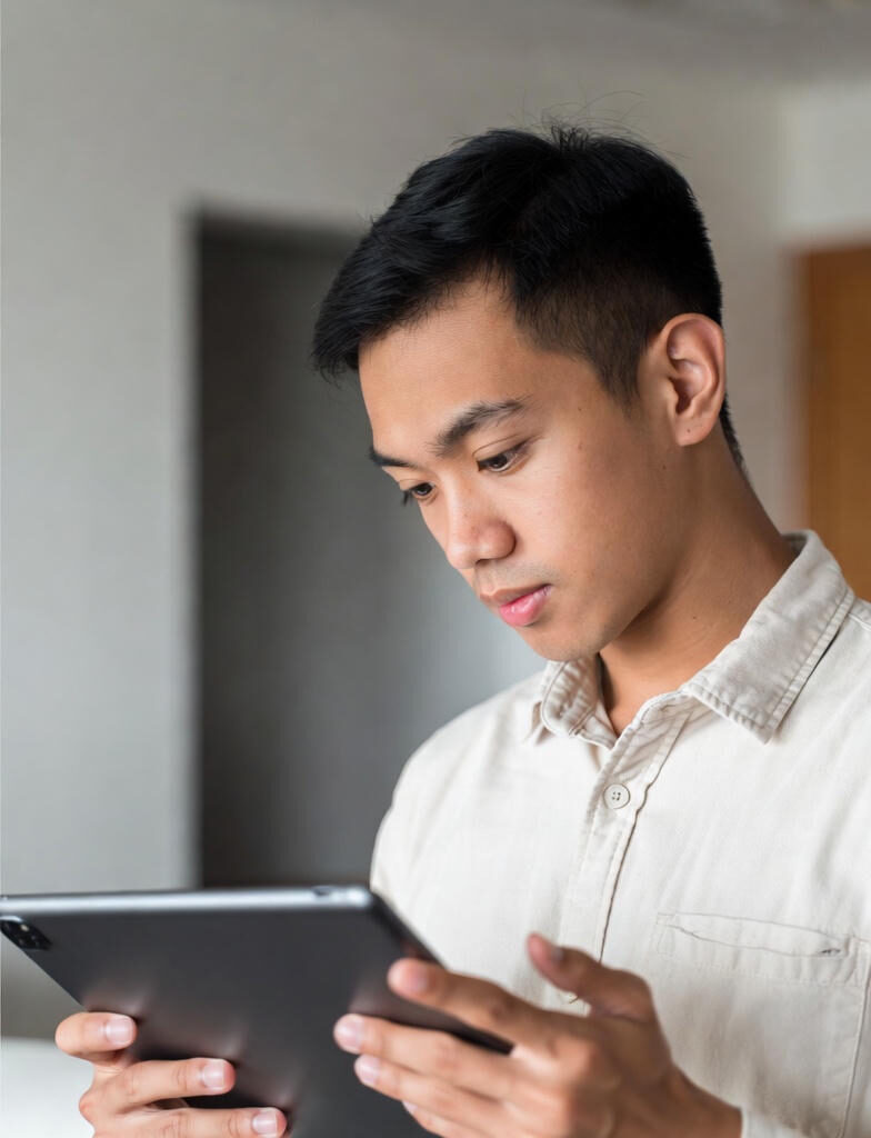 A young Asian male student with short black hair, wearing a light-colored shirt, intently looking down at a tablet he is holding with both hands, appearing focused and concentrated in a study setting.