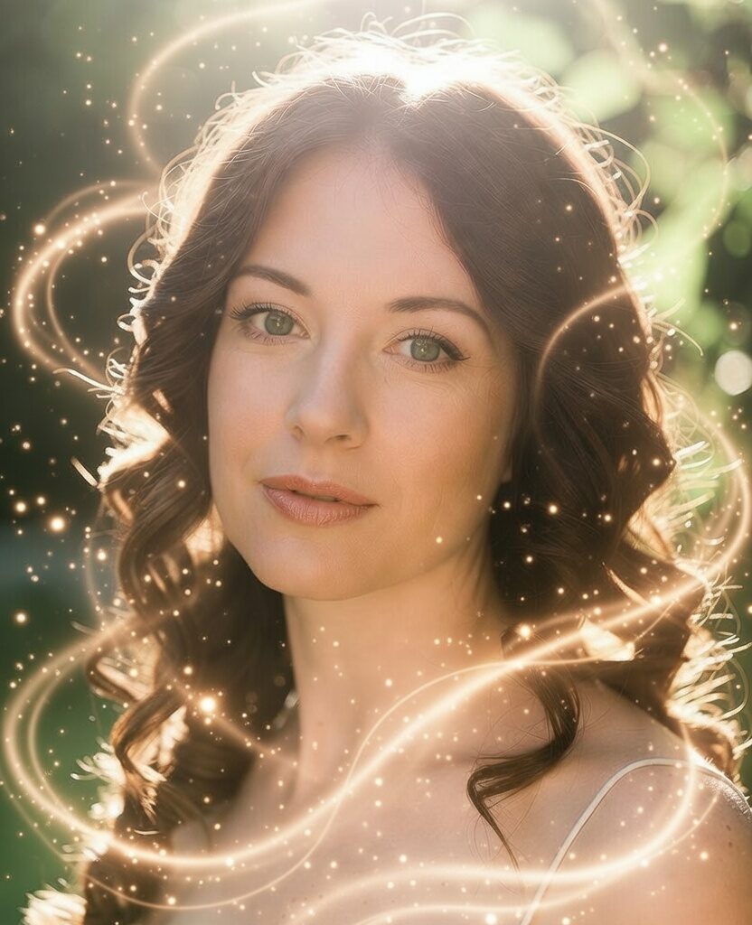 Hormone: Woman in her 30s with glowing abstract energy flows representing hormonal balance