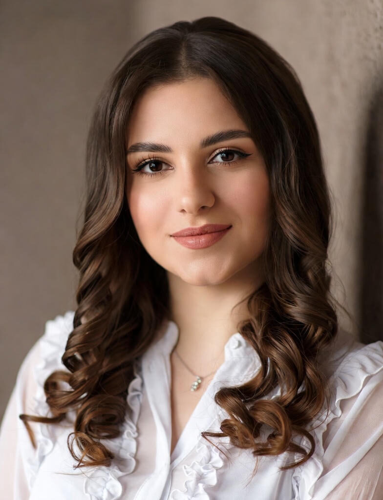 Portrait of a confident young woman with wavy brown hair, smiling softly, embodying self-care and empowerment.