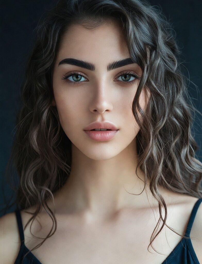 Close-up portrait of a young Libido: woman with intense green eyes, dark wavy hair, and full lips, wearing a black slip, gazing directly at the viewer with an appealing expression