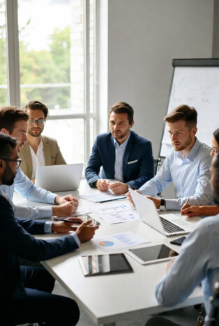 : A diverse team of business professionals in suits gathered around a conference table with laptops, documents, and charts, discussing crisis communication strategies.