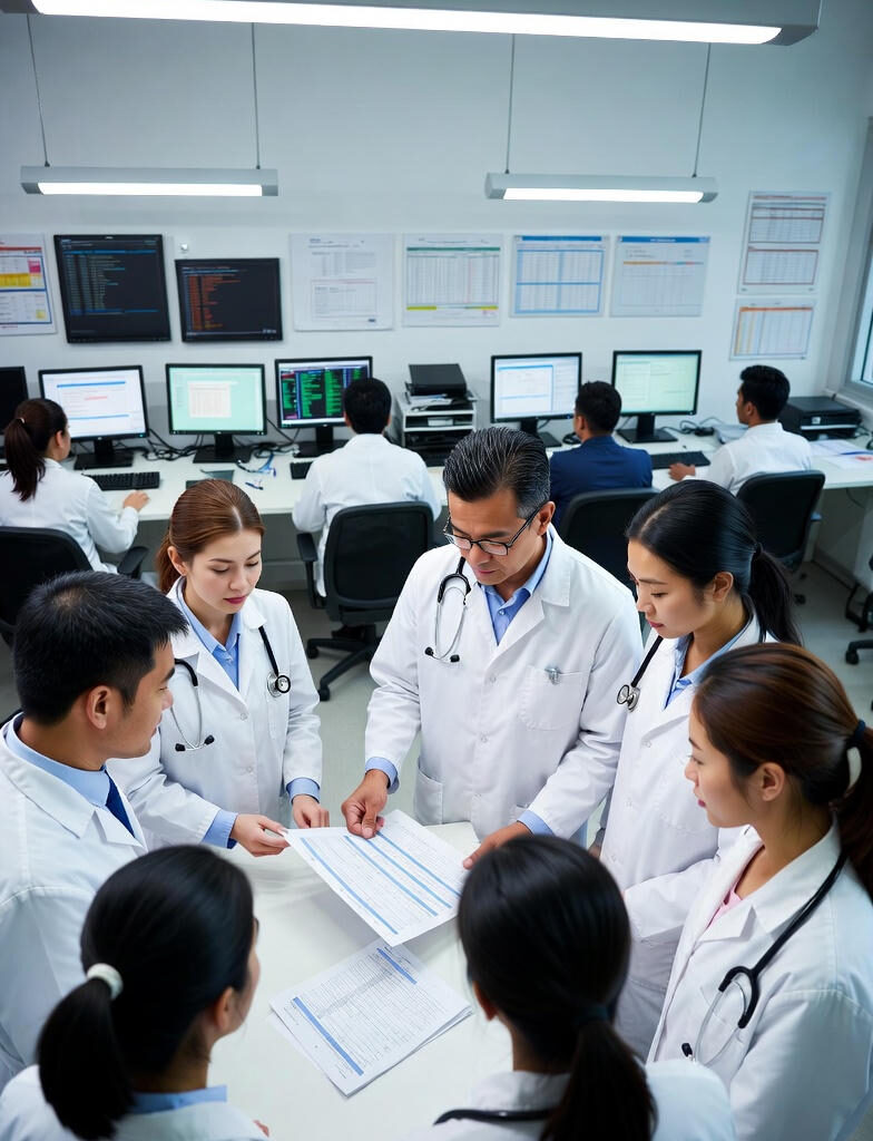 A group of healthcare professionals in white coats standing around a table examining printed charts and schedules, while others monitor multiple computer screens displaying data dashboards and lists in a brightly lit hospital operations room.