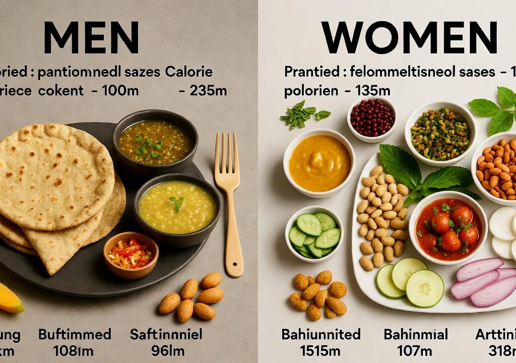DPET: Side-by-side comparison of Indian meal plates showing larger portions for men (3 rotis, more dal) and smaller balanced portions for women with extra nuts and veggies