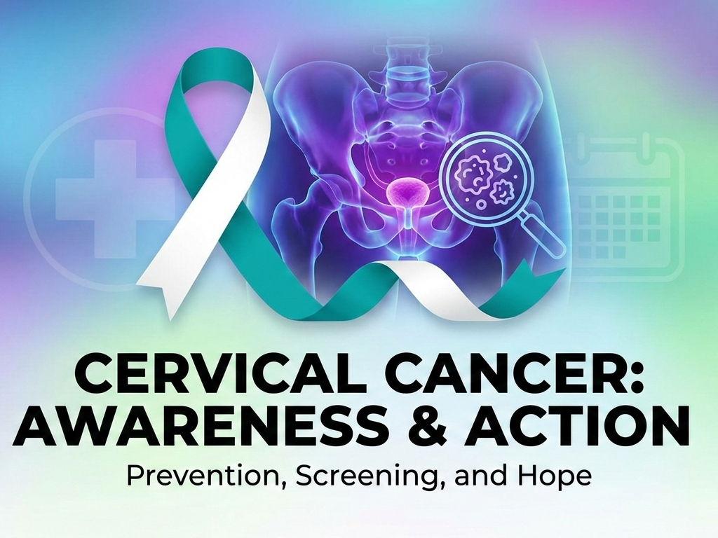 A medical awareness graphic featuring a teal and white ribbon, an anatomical illustration of the pelvis, and a magnifying glass highlighting abnormal cells. Text reads "Cervical Cancer: Awareness & Action."