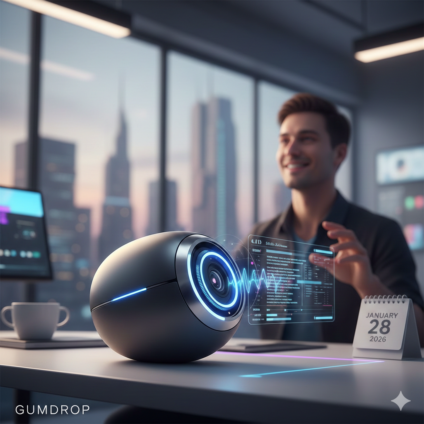 Futuristic spherical GUMDROP AI device on a desk projecting a blue holographic interface, with a smiling male creator in a modern office background dated January 2026.