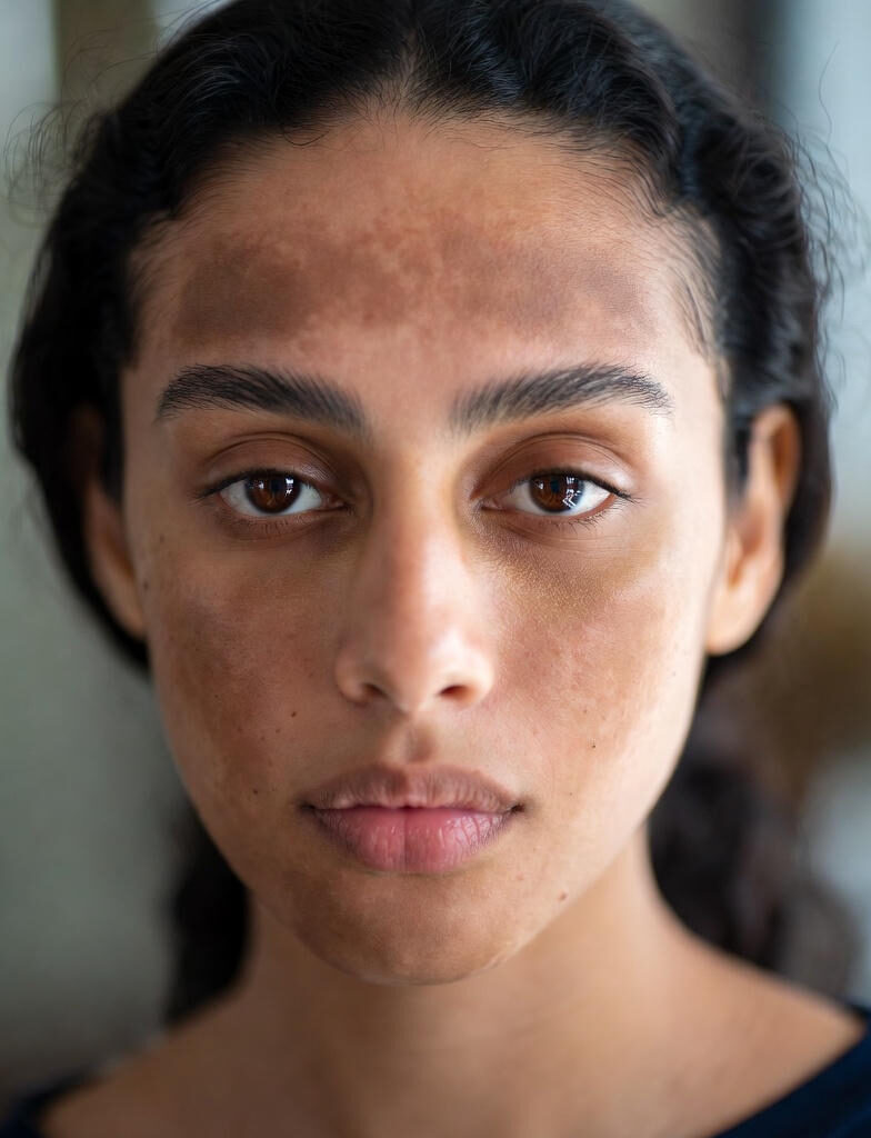 Close-up portrait of a woman with melasma, showing irregular brown hyperpigmentation patches on the forehead, cheeks, and upper lip area.
