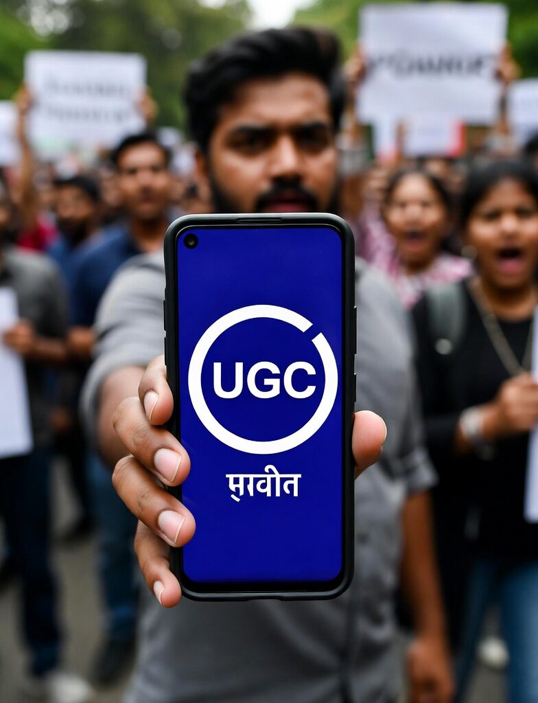 Student holding smartphone displaying UGC India logo during university protest in India