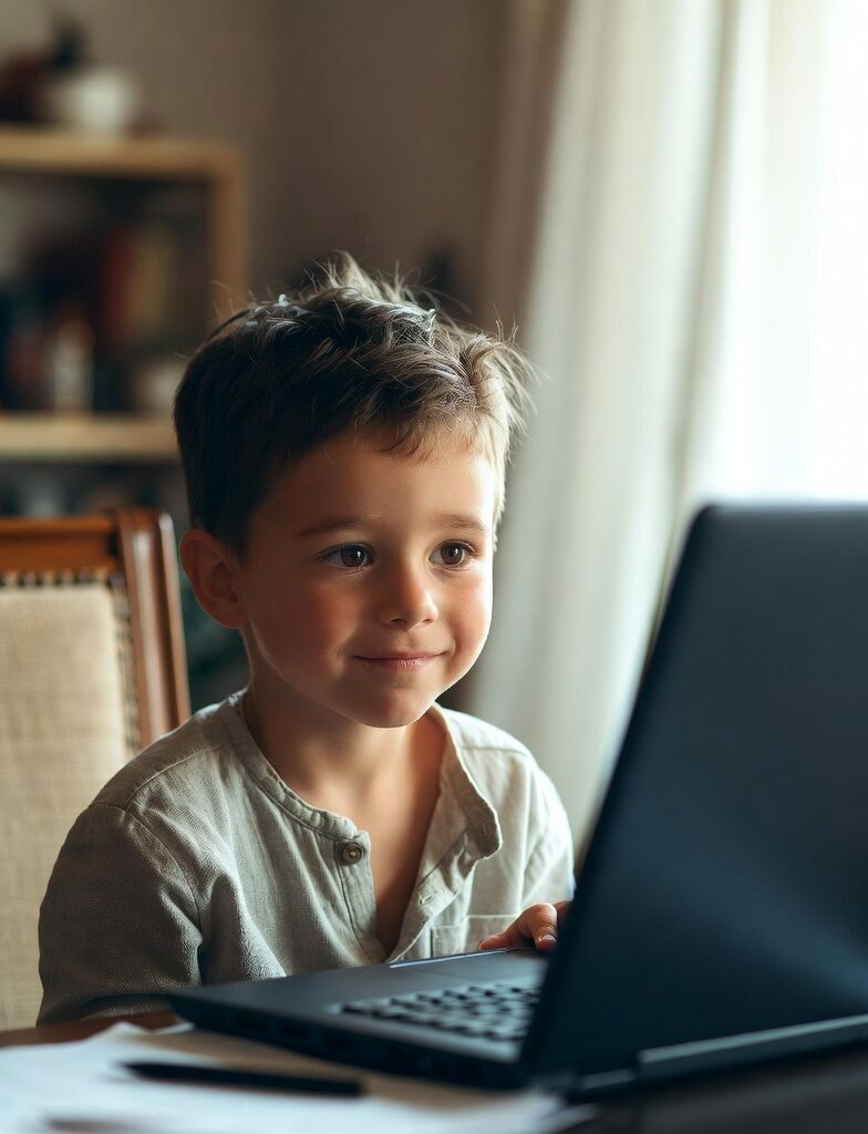 Career:Young boy smiling while using a laptop, learning at home