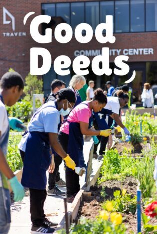 Group of diverse youth planting vegetables in a raised community garden bed, wearing aprons and gloves, with "Good Deeds" title overlay