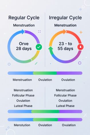 Graph comparing hormone levels (estrogen in pink/purple, progesterone in blue/green) during a regular 28-day menstrual cycle (consistent peaks) versus an irregular cycle (erratic or prolonged patterns with shifted or absent ovulation peaks)
