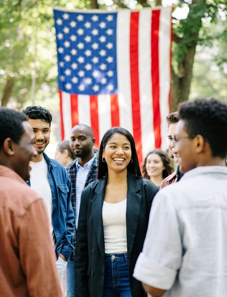  A diverse group of happy young Americans from various ethnic backgrounds standing together smiling in front of a massive American flag hanging outdoors, symbolizing unity and patriotism.