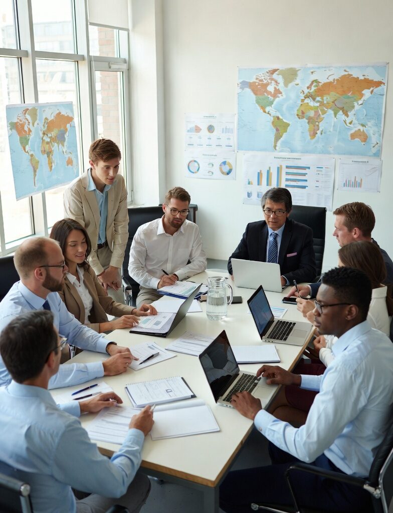Leadership: Diverse multicultural team of business leaders and executives in a modern boardroom discussing global strategy around a conference table with a large world map on the wall