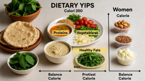 Indian balanced plate showing proteins, vegetables, healthy fats, roti and dal arranged with calorie balance arrow for men and women Caption: Half plate veggies, quarter protein, quarter carbs + healthy fats = perfect Indian weight management formula