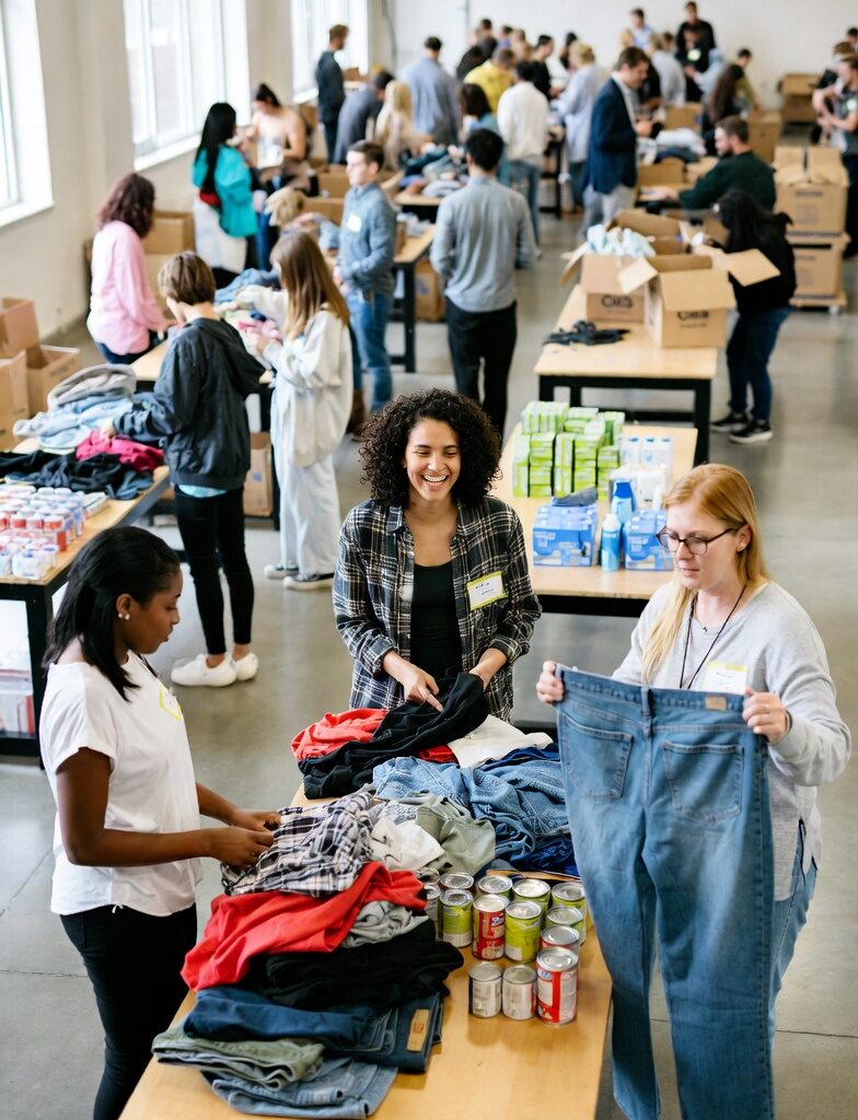 Diverse group of smiling volunteers sorting donated clothes, food, and supplies at a community donation drive
