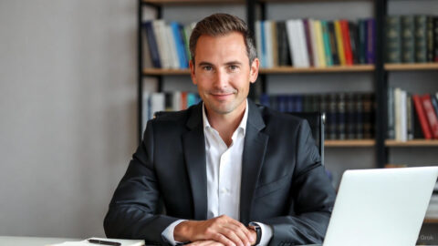 Professional leader in modern office with glowing digital neural network and brain overlays in blue tones, illustrating mind management for futuristic leadership.