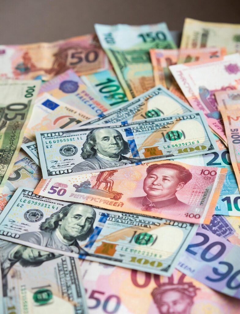 Dollar Vs BRICS Currencies:US 100 dollar bill surrounded by various colorful BRICS currency banknotes fanned out on a neutral surface