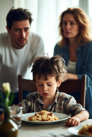 A curly-haired toddler (around 3–4 years old) sits at a wooden dining table looking down sadly at his plate of spaghetti with meat sauce. Behind him, his father (with a worried expression) and mother (looking frustrated) watch him closely. The image shows a moment of a young child not listening or responding to his parents during dinner.