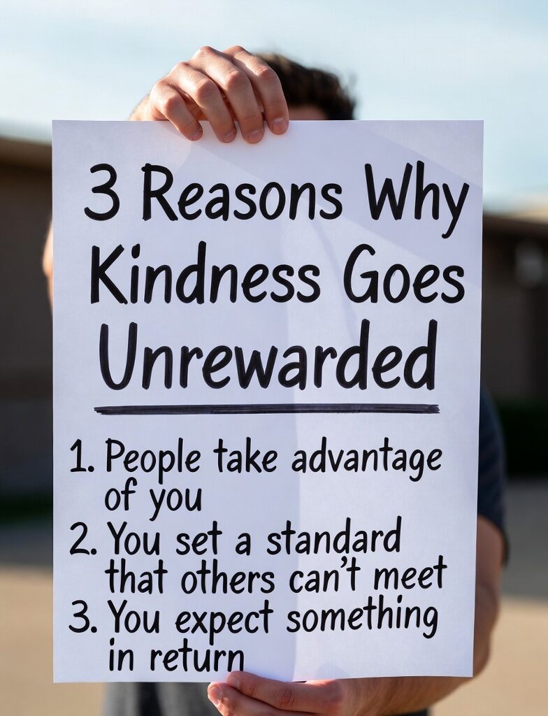 Person holding a white sign listing "3 Reasons Why Kindness Goes Unrewarded" with three points written in black marker
