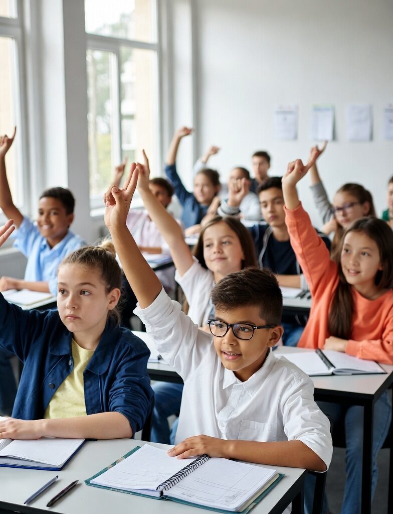 Exam: Group of diverse school students raising hands eagerly in a classroom, looking motivated and engaged