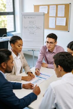 Team of people in a classroom discussing retirement planning with a flowchart on a whiteboard and financial documents on the table.