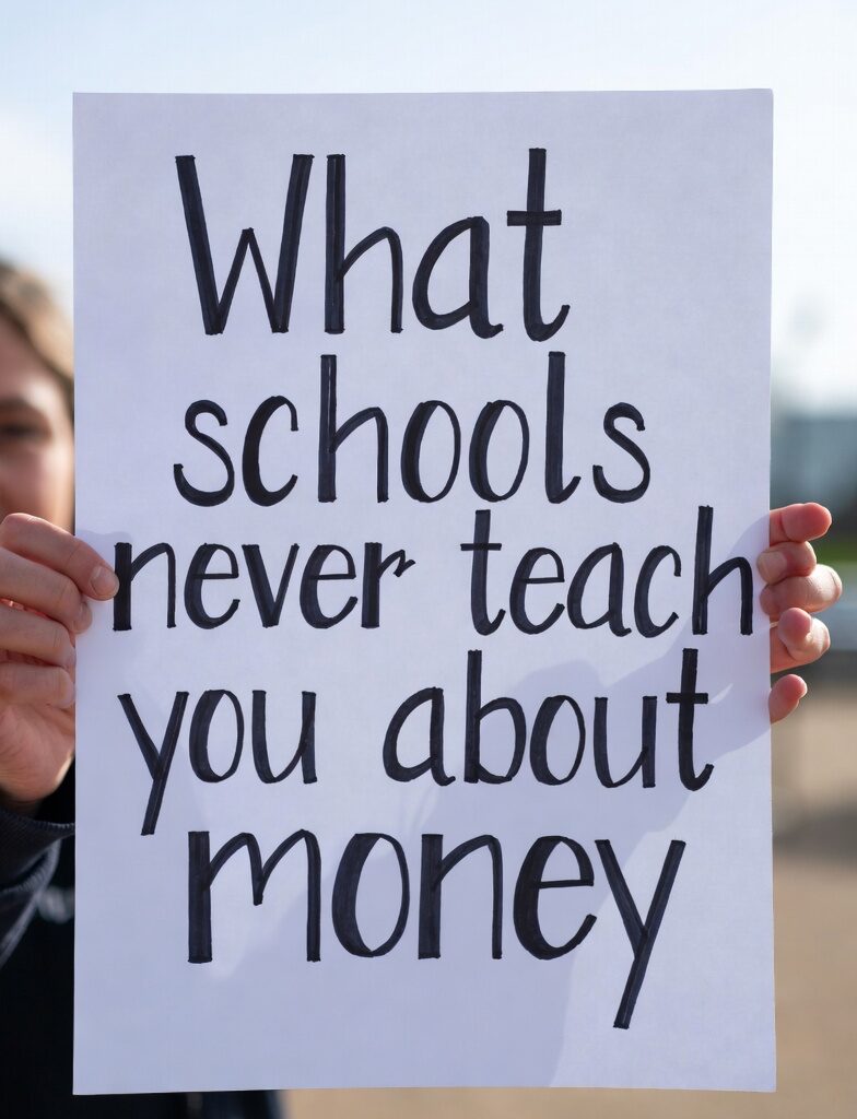 Wealth: Person holding a white sign with bold black text: "What schools never teach you about money"