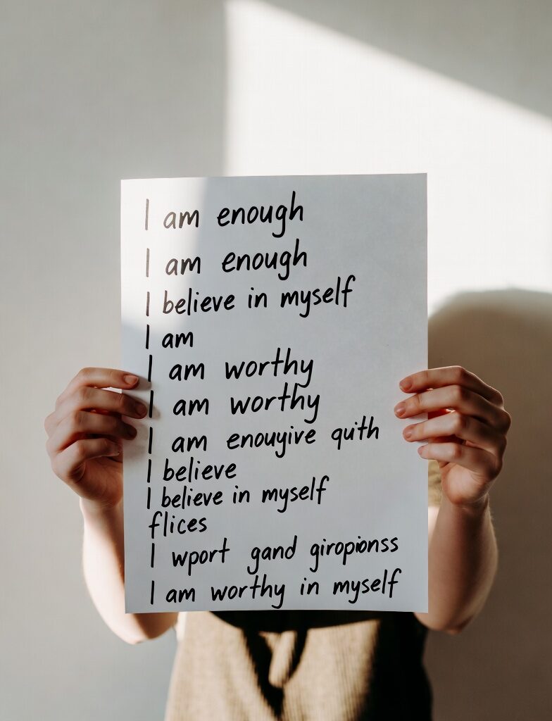Person holding a white paper with repeated positive handwritten affirmations like "I am enough", "I am worthy" and "I believe in myself"