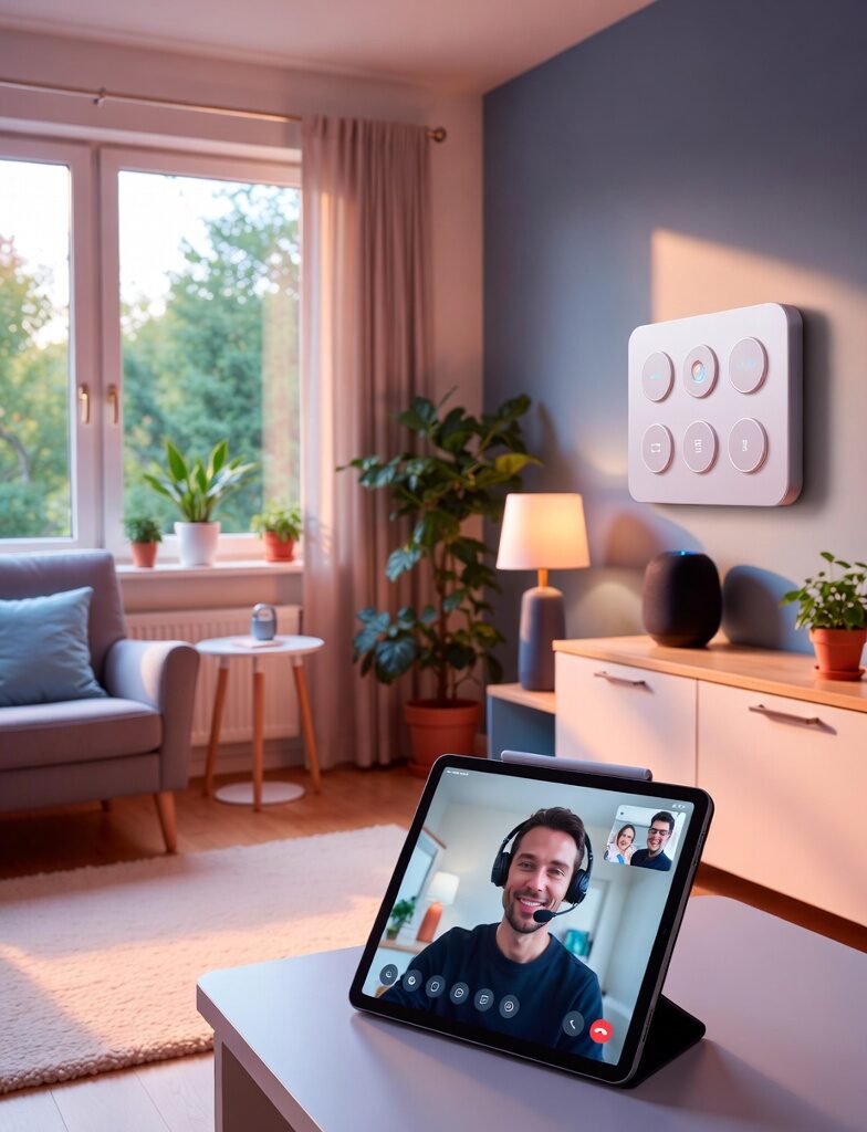 Dementia :Modern living room with tablet showing video call to caregiver, smart home control panel on wall for dementia support