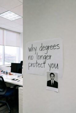Handwritten note on office wall reading "why degrees no longer protect you" next to a formal portrait photo of a man in suit, pinned in modern workplace