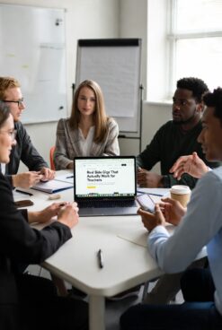 Group of young teachers or educators collaborating around a table, viewing side gig ideas on laptop screen