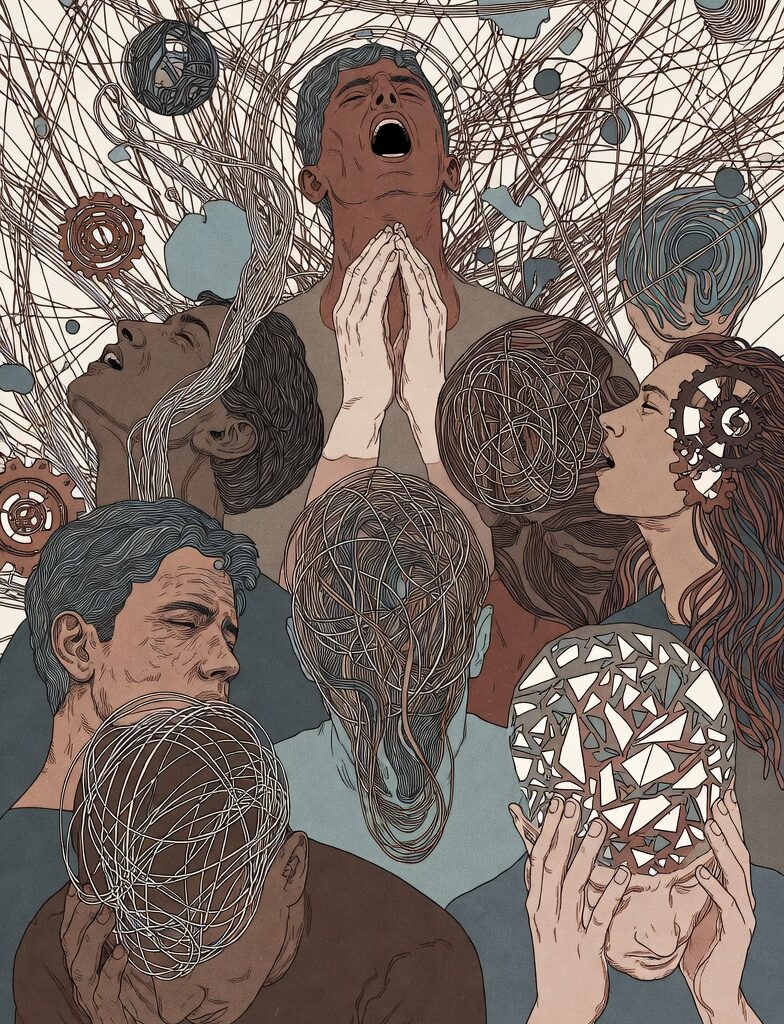 Diverse group of people overwhelmed by complex tangled thought webs and gears in their minds, representing overthinking in intelligent individuals