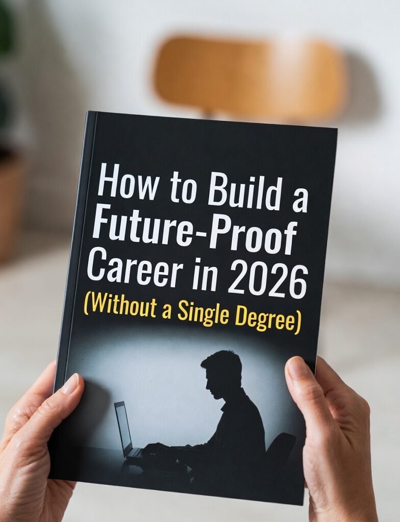 How to Build a Future-Proof Career in 2026 (Without a Single Degree) Degree: Person holding a black book titled "How to Build a Future-Proof Career in 2026 (Without a Single Degree)" with yellow text and a silhouette of someone working on a laptop.